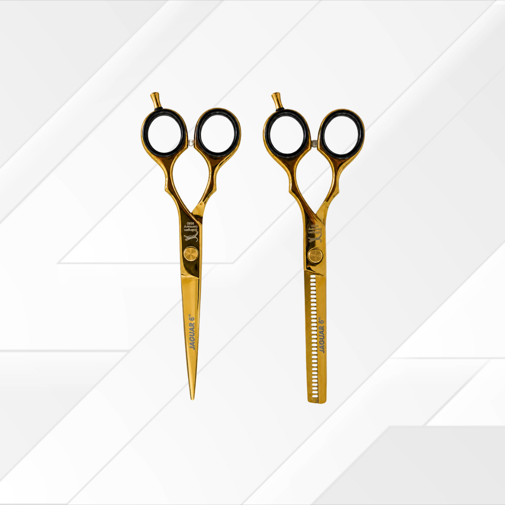 KIT TIJERA DE CORTE Y TIJERA DE PULIR JAGUAR DORADA