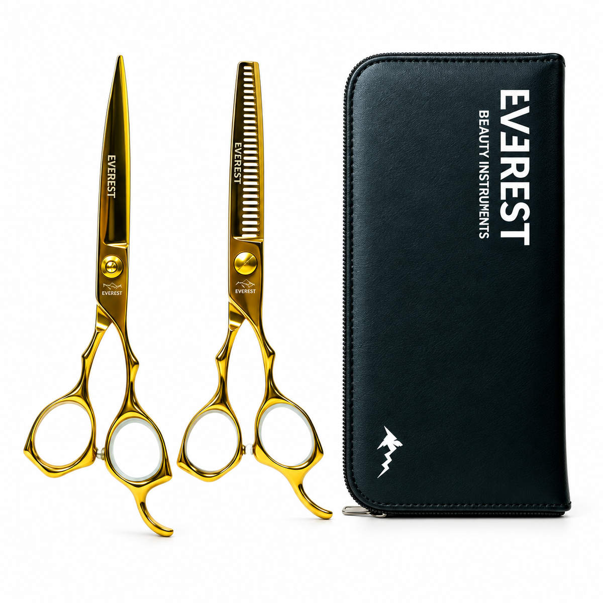 Combo de tijeras doradas Everest con estuche sobre fondo blanco