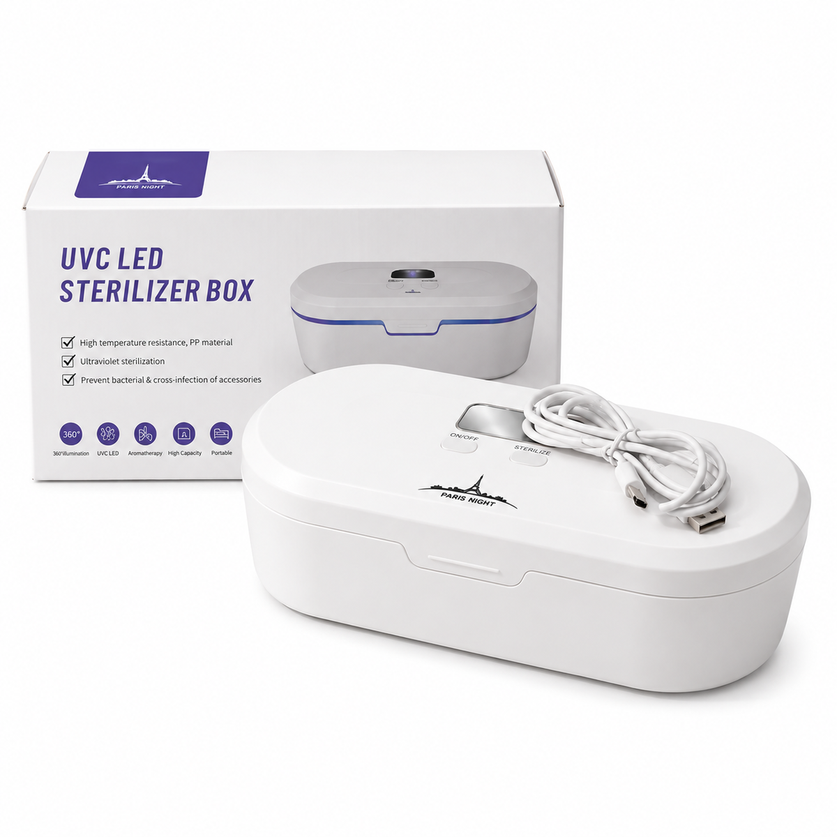 ESTERILIZADOR UVC LED PARIS NIGHT sobre fondo blanco