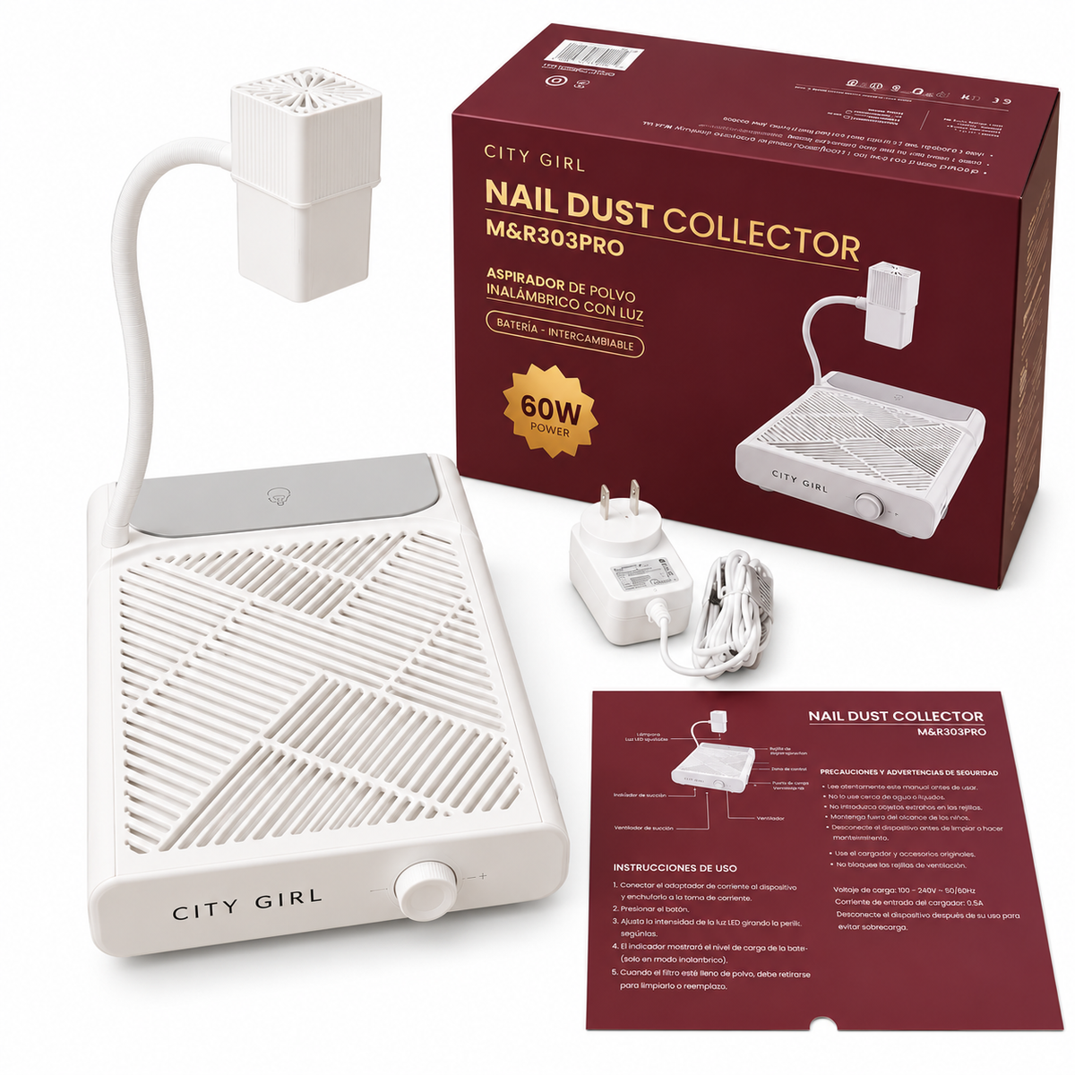 Extractor de polvo Inalámbrico 60W con Luz LED City Girl sobre fondo blanco
