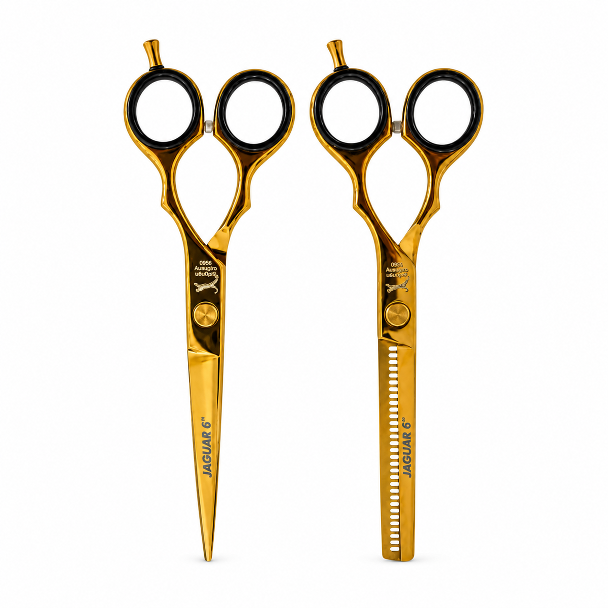 KIT TIJERA DE CORTE Y TIJERA DE PULIR JAGUAR DORADA sobre fondo blanco