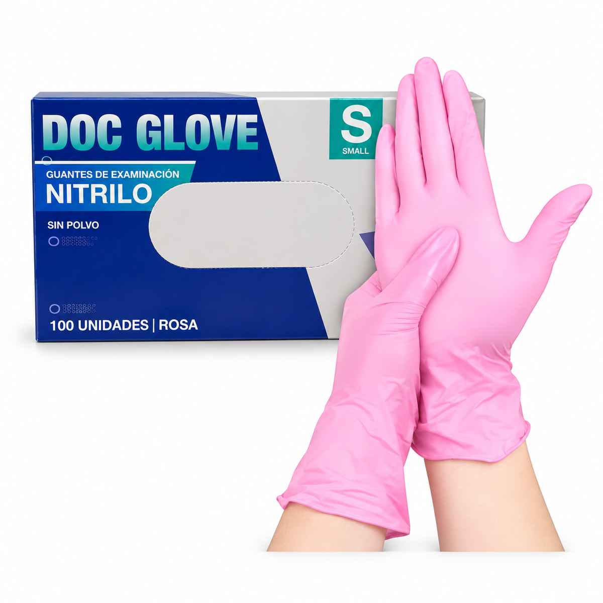 Guantes de nitrilo rosa sobre fondo blanco