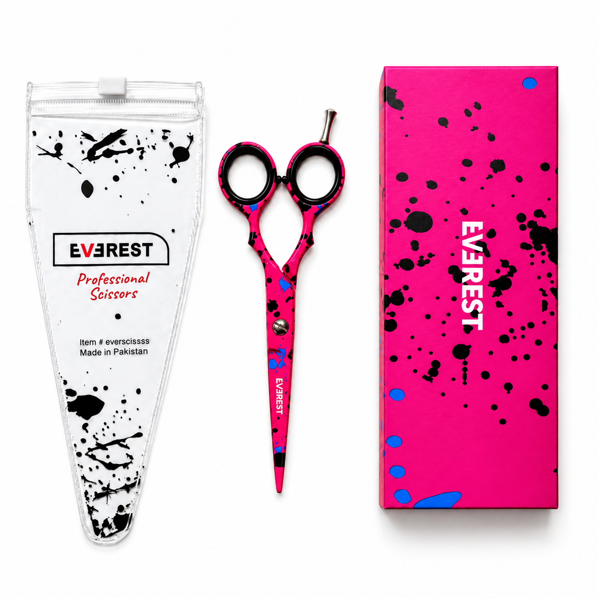 Tijera Everest PP Fucsia con manchas sobre fondo blanco