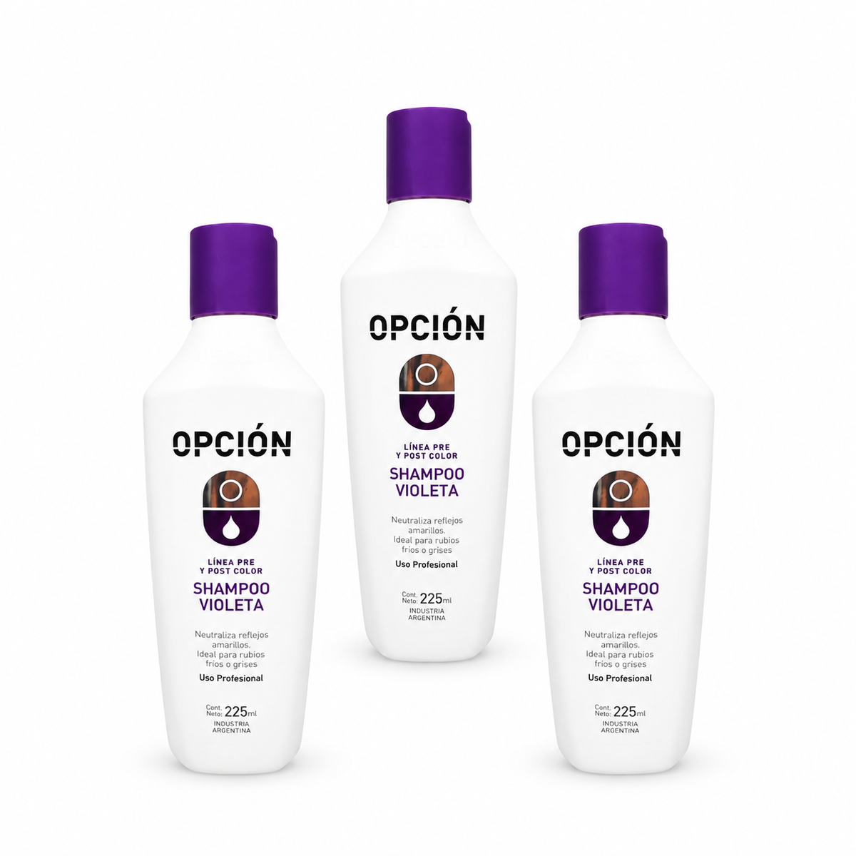 Shampoo Violeta Opción 225 ml sobre fondo blanco