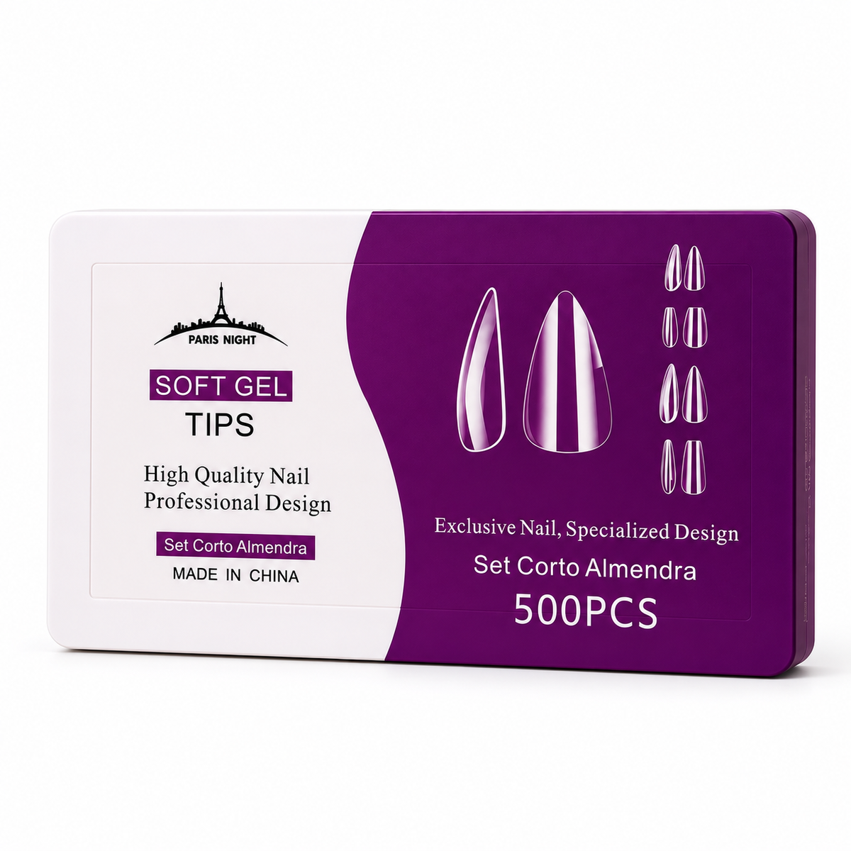 SOFT GEL TIPS CORTO ALMENDRA 500 UNIDADES PARIS NIGHT sobre fondo blanco