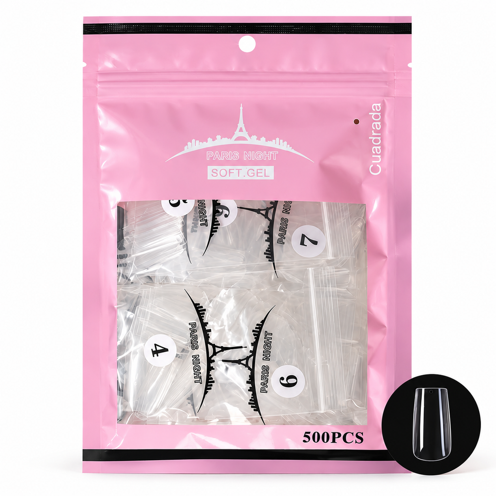 SOFT GEL TIPS CUADRADAS EN BOLSA 500 UNIDADES PARIS NIGHT sobre fondo blanco