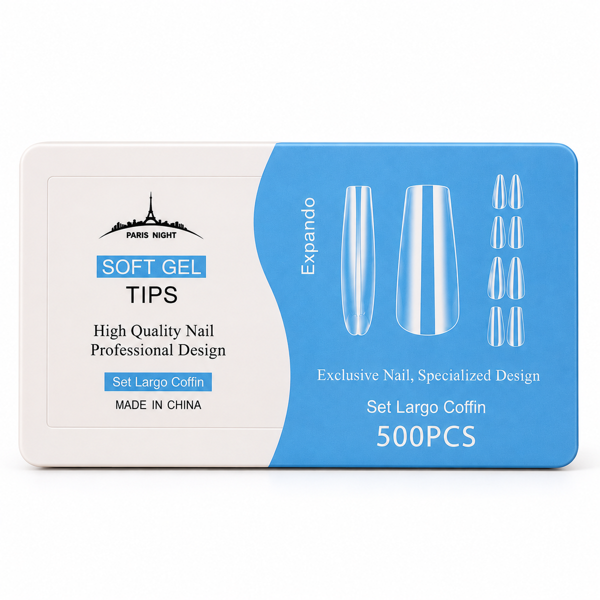 SOFT GEL TIPS LARGO COFFIN 500 UNIDADES PARIS NIGHT sobre fondo blanco