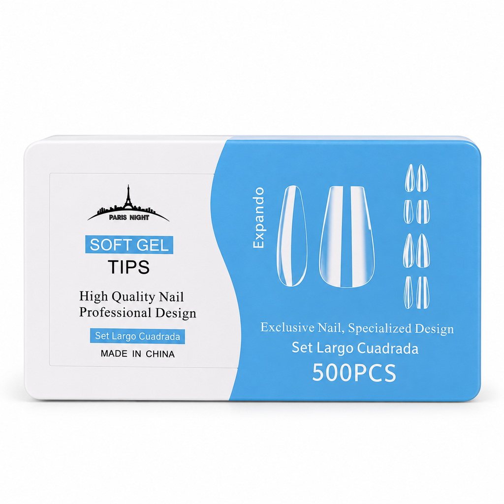 SOFT GEL TIPS LARGO CUADRADAS 500 UNIDADES PARIS NIGHT sobre fondo blanco