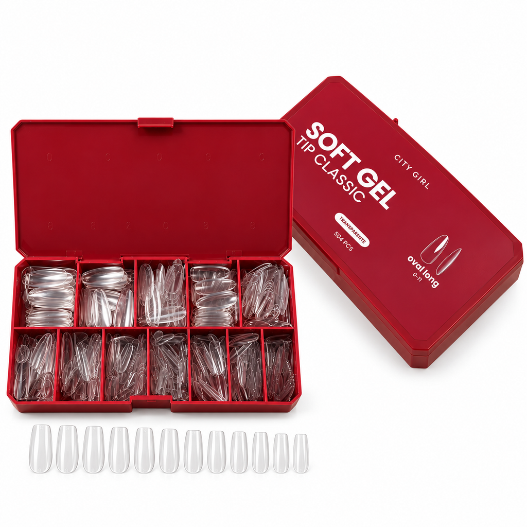 SOFT GEL TIPS OVAL LONG TRANSPARENTE 504 PCS CITY GIRL sobre fondo blanco