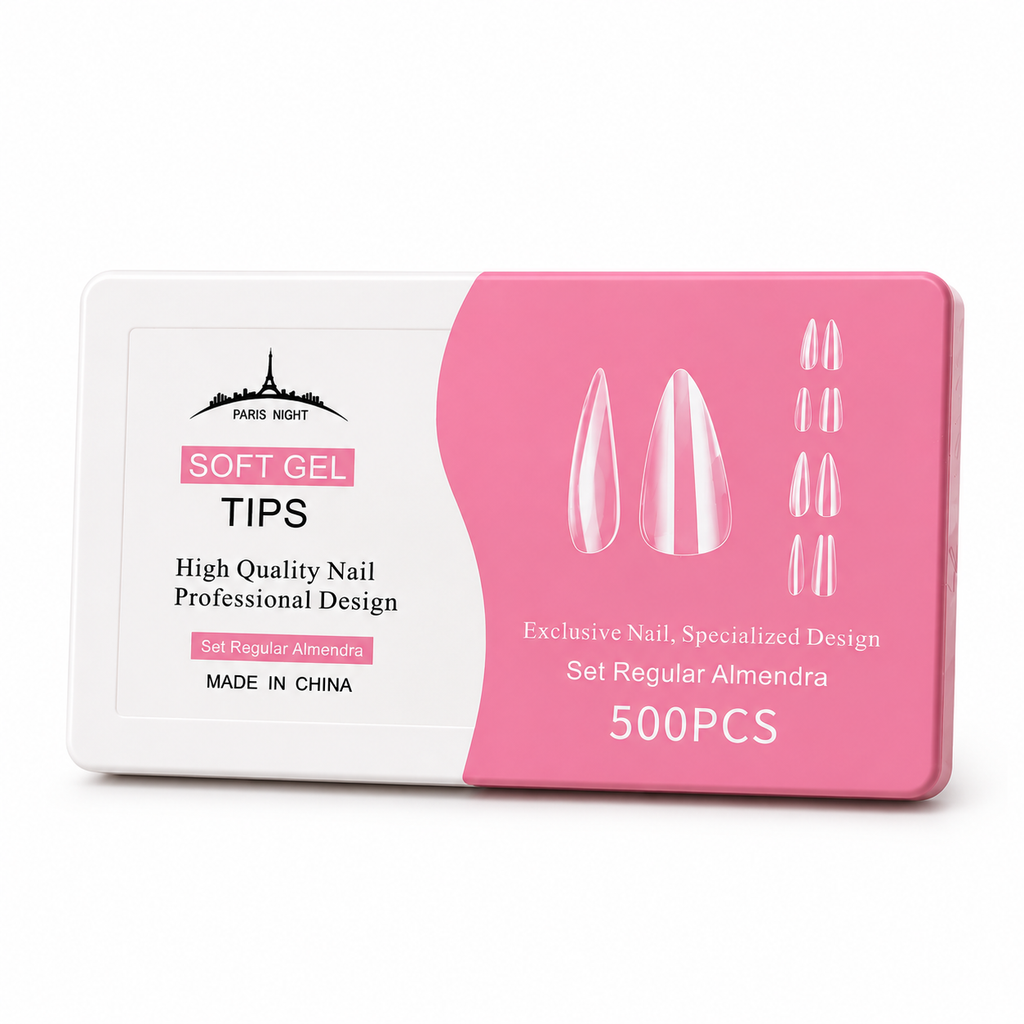 SOFT GEL TIPS REGULAR ALMENDRA 500 UNIDADES PARIS NIGHT sobre fondo blanco