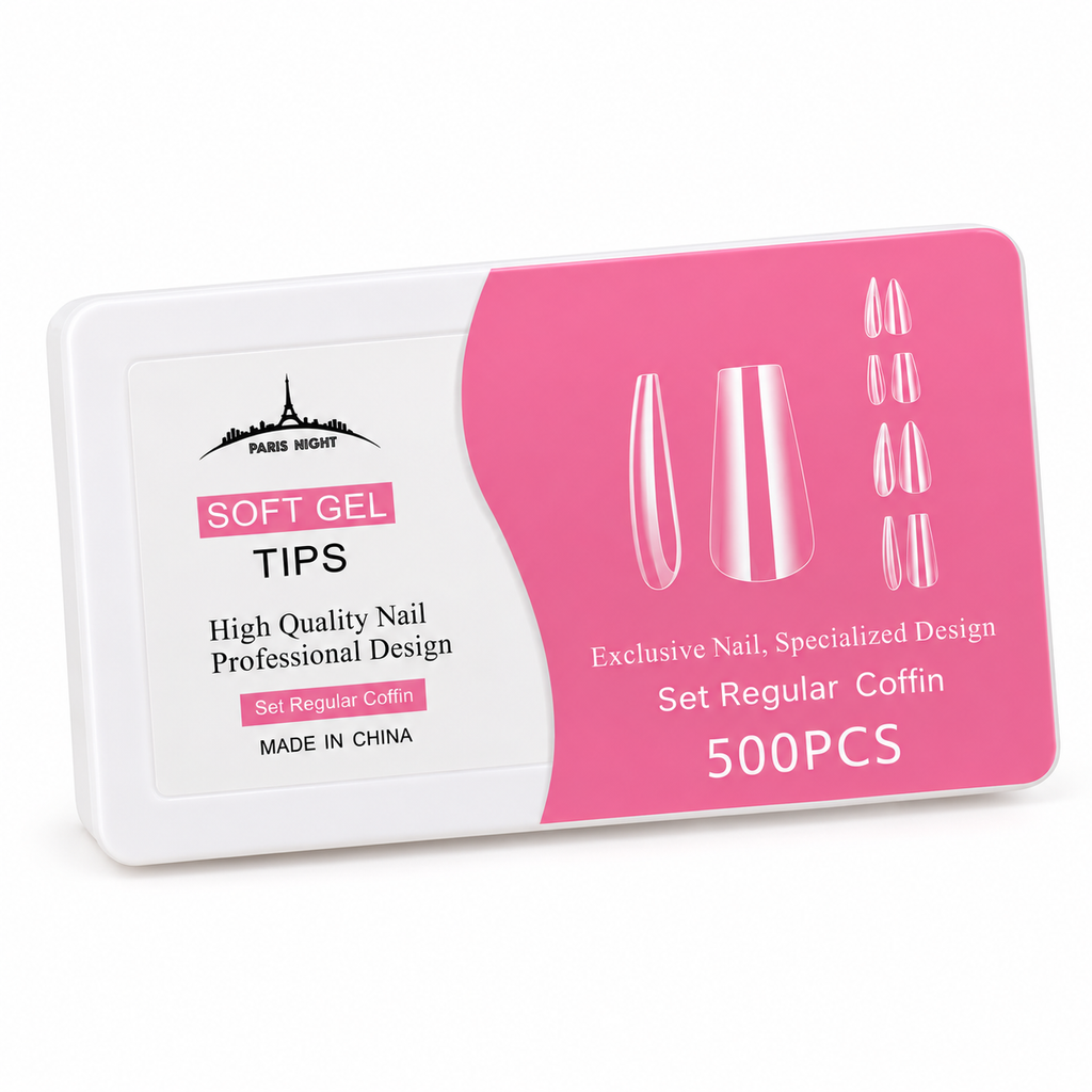 SOFT GEL TIPS REGULAR COFFIN 500 UNIDADES PARIS NIGHT sobre fondo blanco