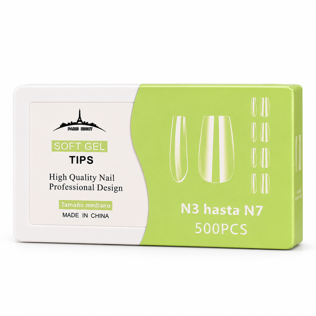 SOFT GEL TIPS TAMAÑO MEDIANO N°3 A N°7 500 UNIDADES PARIS NIGHT sobre fondo blanco