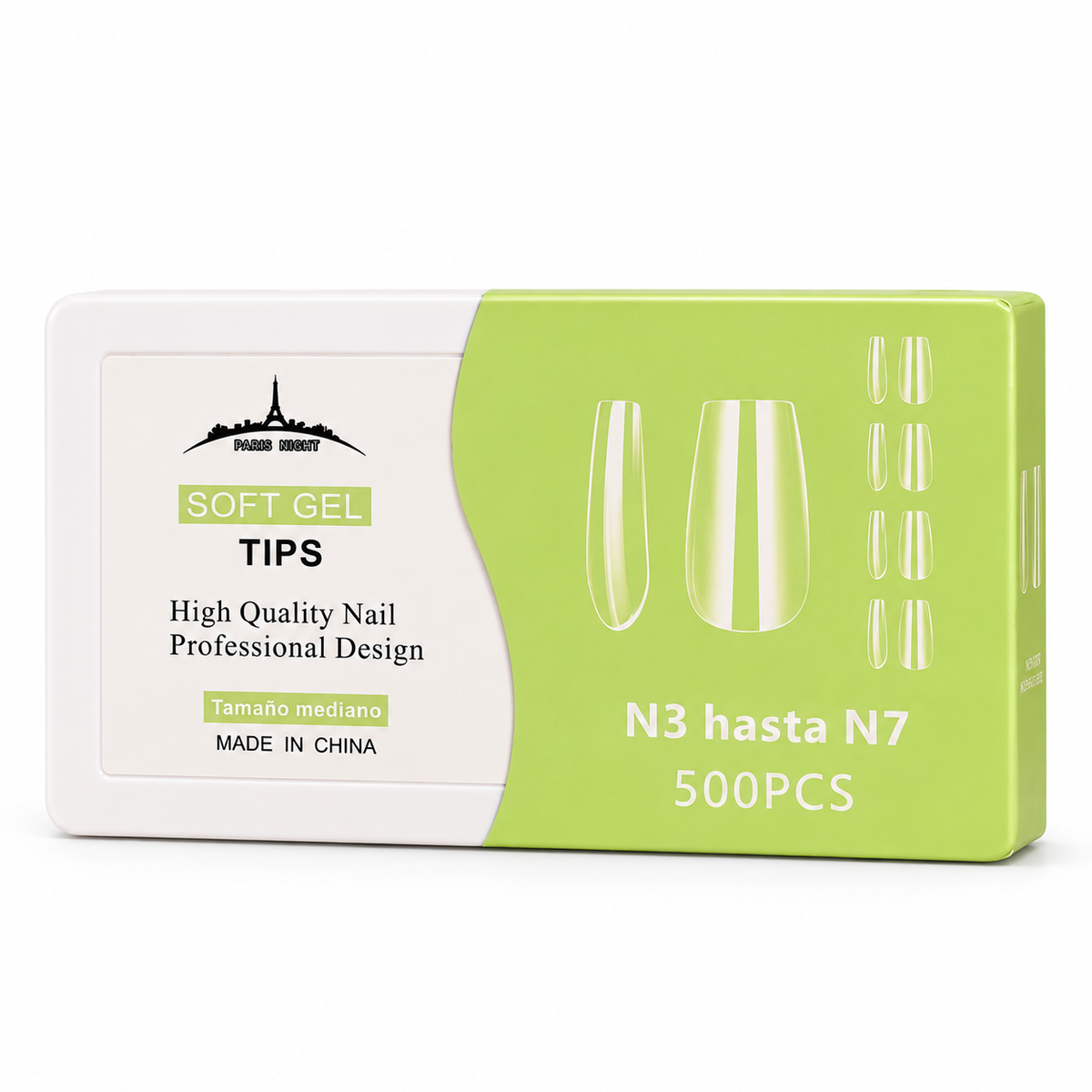 SOFT GEL TIPS TAMAÑO MEDIANO N°3 A N°7 500 UNIDADES PARIS NIGHT sobre fondo blanco