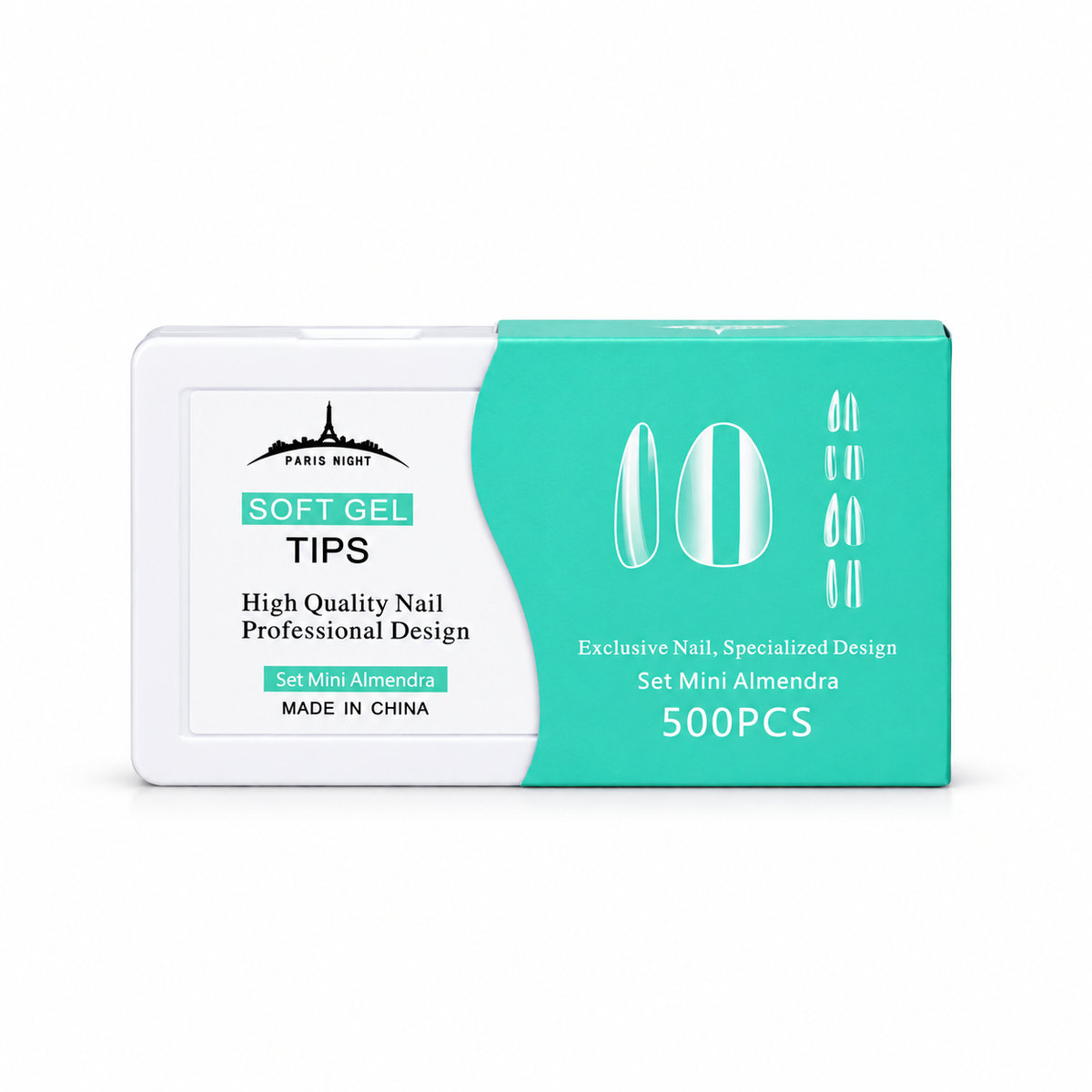 Tips Soft Gel Paris Night set mini almendra completo sobre fondo blanco